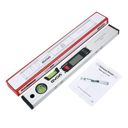 GVDA 360-Degree Digital Level for Accurate Measurements showing aluminum digital level with LCD, bubble vial, buttons, and instruction manual