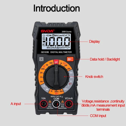 GVDA Multifunctional Digital Multimeter for Electrical Testing showing display, knob switch, input terminals and labeled functions