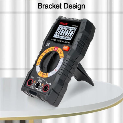 GVDA Multifunctional Digital Multimeter for Electrical Testing showing clear LCD, rotary dial and bracket stand for home, vehicle and electronics use