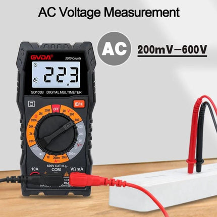 GVDA Multifunctional Digital Multimeter for Electrical Testing showing AC voltage 223V on display with probes measuring outlet (200mV–600V)