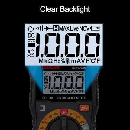 GVDA Multifunctional Digital Multimeter for Electrical Testing showing clear backlight LCD display with large digits and measurement symbols