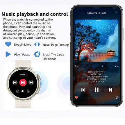 Z78 Ultra Smart Watch for Everyday Life Essentials showing music playback control on watch and smartphone screen