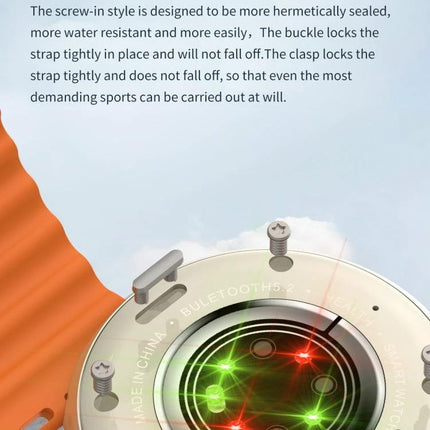 Z78 Ultra Smart Watch for Everyday Life Essentials close-up of heart rate sensor, screw-in waterproof back and orange strap