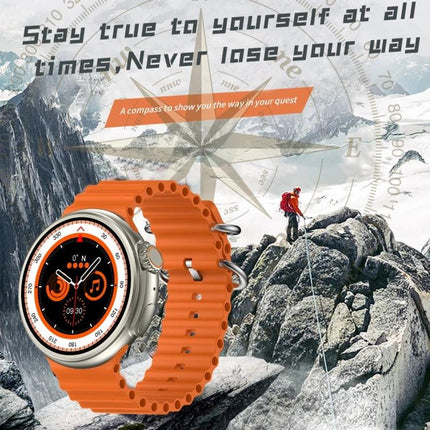 Z78 Ultra Smart Watch for Everyday Life Essentials - orange strap smartwatch showing fitness tracking on mountain hike scene