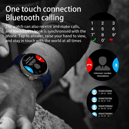 Z78 Ultra Smart Watch for Everyday Life Essentials showing Bluetooth calling interface, call list, and one-touch answer on wrist