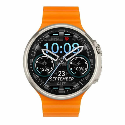 A Versatile Smart Watch for Everyday Health and Connectivity - round 1.6-inch touch screen with orange band showing time, heart rate, steps and date