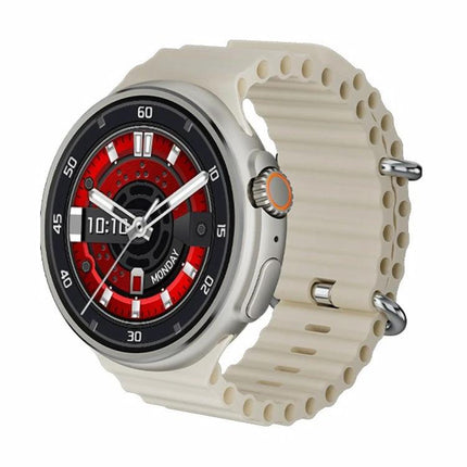 A Versatile Smart Watch for Everyday Health and Connectivity with 1.6-inch round screen, red digital dial and beige silicone strap