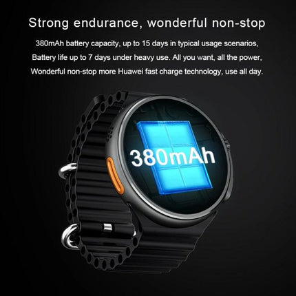 A Versatile Smart Watch for Everyday Health and Connectivity showing 380mAh battery on 1.6-inch round screen and black sport strap