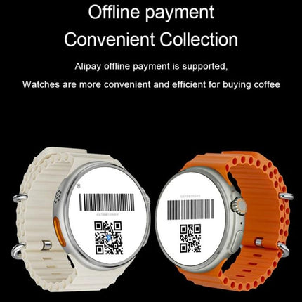 A Versatile Smart Watch for Everyday Health and Connectivity showing offline payment QR codes on two round-screen watches with orange and beige straps
