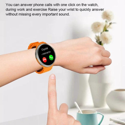 A Versatile Smart Watch for Everyday Health and Connectivity – orange-banded round 1.6-inch screen showing incoming call, wrist raised to answer