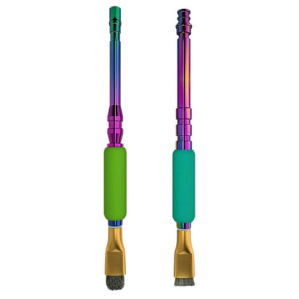 Mijing Steel Brush with Colorful Handle for IC Pad Cleaning - dual brush heads, rainbow metal shaft and green grip for precise solder and glue removal