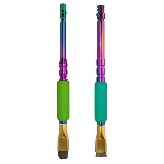 Mijing Steel Brush with Colorful Handle for IC Pad Cleaning - dual brush heads, rainbow metal shaft and green grip for precise solder and glue removal