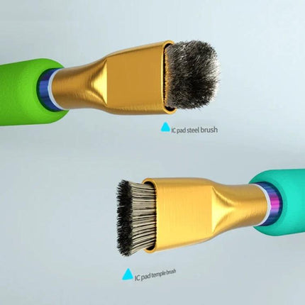 Mijing Steel Brush with Colorful Handle for IC Pad Cleaning close-up showing dual-head steel bristles and colorful ergonomic handles for electronics repair