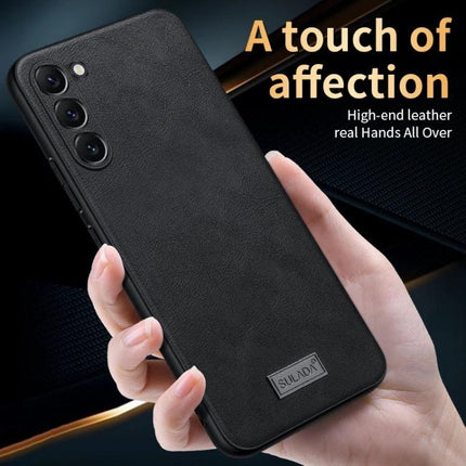 Sulada Leather Case for Samsung Phone Everyday Protection for Daily Commutes and Casual Outings - black leather TPU phone case held in hand, slim protective cover