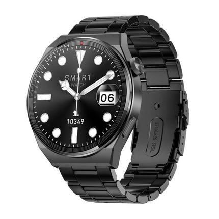 Daily Smart Watch for Everyday Health and Connectivity - sleek black stainless steel smartwatch showing analog-digital face, step count and date