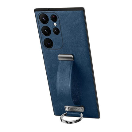 Sulada Leather Phone Case for Samsung Everyday Protection in navy PU leather with built-in holder and ring kickstand for horizontal viewing