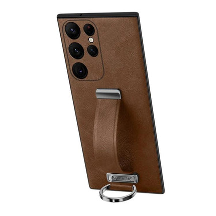 Sulada Leather Phone Case for Samsung Everyday Protection - brown PU leather case with built-in horizontal holder and ring stand