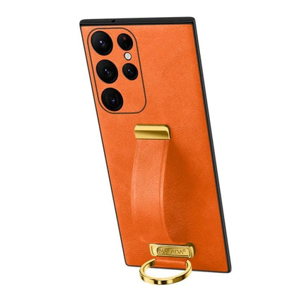 Sulada Leather Phone Case for Samsung Everyday Protection in orange PU leather with built-in holder and ring kickstand