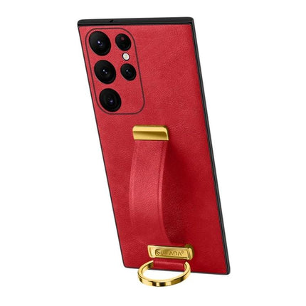 Sulada Leather Phone Case for Samsung Everyday Protection - red PU leather case with built-in holder and gold ring stand, rear view