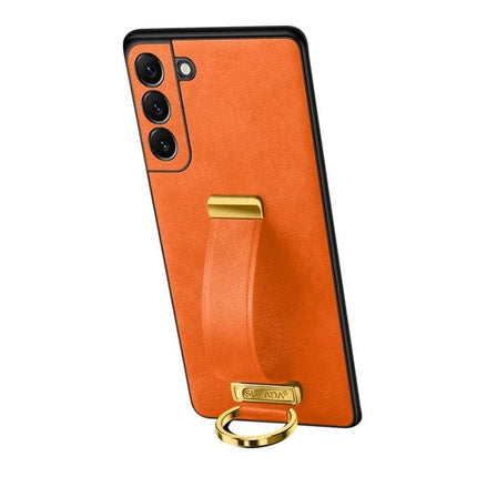 Sulada Leather Phone Case for Samsung Everyday Protection — orange PU leather case with built-in holder, grip strap and gold ring stand
