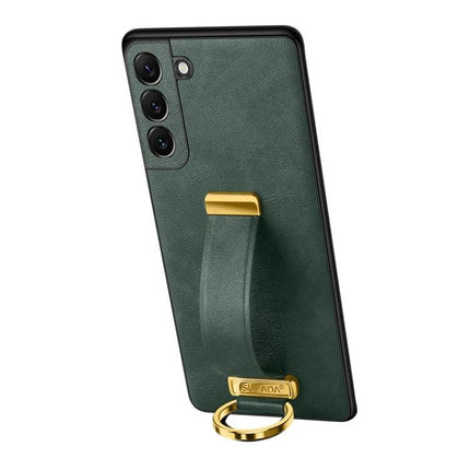 Sulada Leather Phone Case for Samsung Everyday Protection - green PU leather case with built-in holder, gold ring and strap for hands-free horizontal viewing