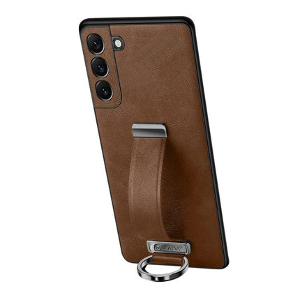 Sulada Leather Phone Case for Samsung Everyday Protection brown PU leather with built-in strap holder and ring kickstand