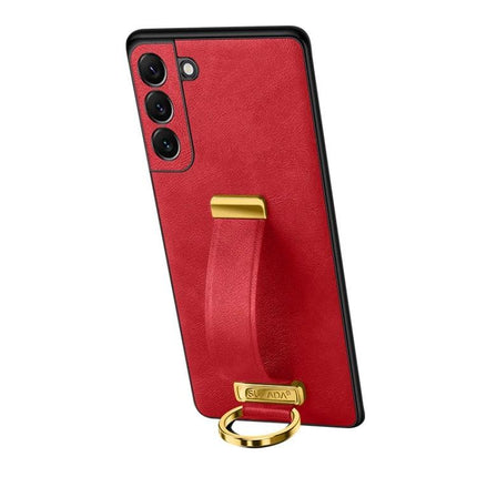 Sulada Leather Phone Case for Samsung Everyday Protection in red PU leather with gold ring holder and textured grip