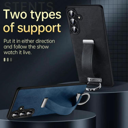 Sulada Leather Phone Case for Samsung Everyday Protection showing black and blue PU leather cases with built-in strap holder for horizontal viewing and grip