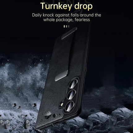 Sulada Leather Phone Case for Samsung Everyday Protection showcasing textured PU leather, built-in horizontal holder and camera cutouts in black
