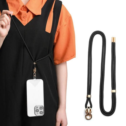 Sulada Comfortable Adjustable Nylon Neck Lanyard for Phones worn by person holding phone with detachable clasp and black nylon strap