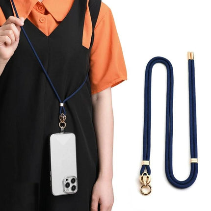 Sulada Comfortable Adjustable Nylon Neck Lanyard for Phones worn with phone hanging and gold clasp, navy blue durable nylon strap for hands-free use