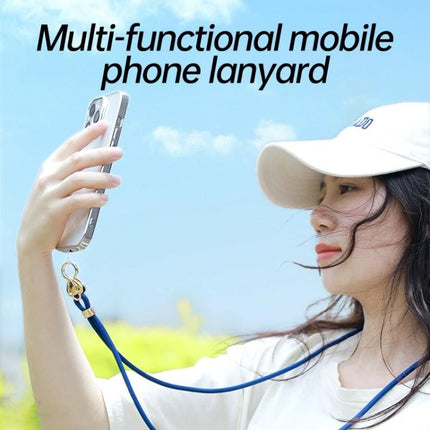 Sulada Comfortable Adjustable Nylon Neck Lanyard for Phones worn by woman holding phone outdoors, blue lanyard attached to phone