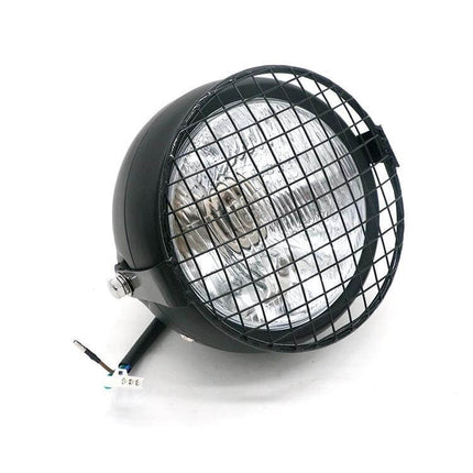 Yellow Retro LED Motorcycle Headlight For Easy Night Riding with black protective grill and aluminum housing, easy 12V installation