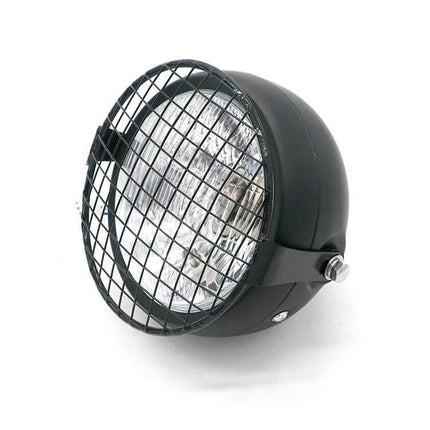Yellow Retro LED Motorcycle Headlight For Easy Night Riding - black aluminum housing with protective grille, easy-install 12V motorcycle headlight