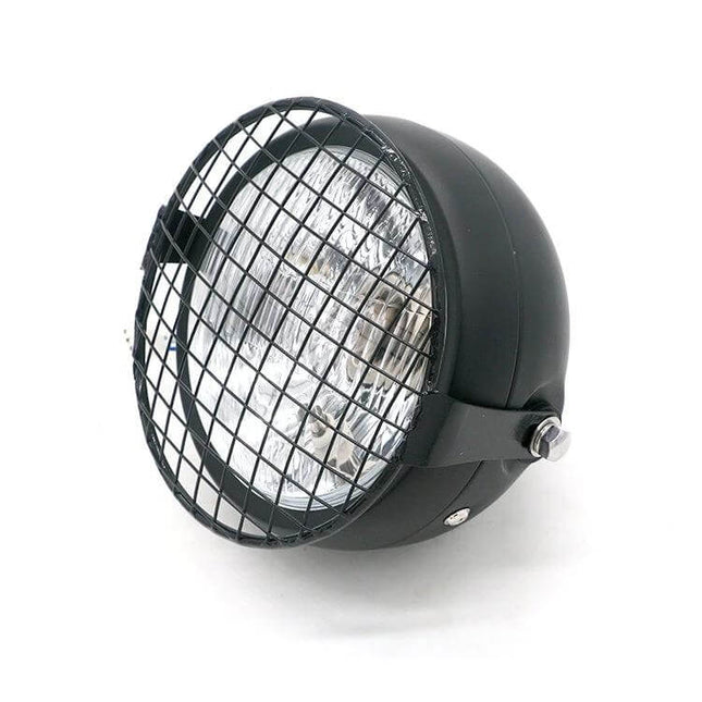 Yellow Retro LED Motorcycle Headlight For Easy Night Riding - black aluminum housing with protective grille, easy-install 12V motorcycle headlight
