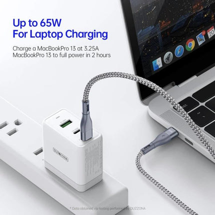 Duzzone USB-C Cable for Home and Travel Charging braided cable charging a laptop from a wall adapter, shown with MacBook