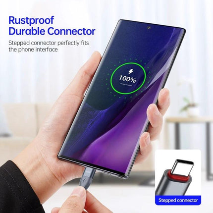 Duzzone USB-C Cable for Home and Travel Charging plugged into smartphone showing 100% fast charge with rustproof durable connector