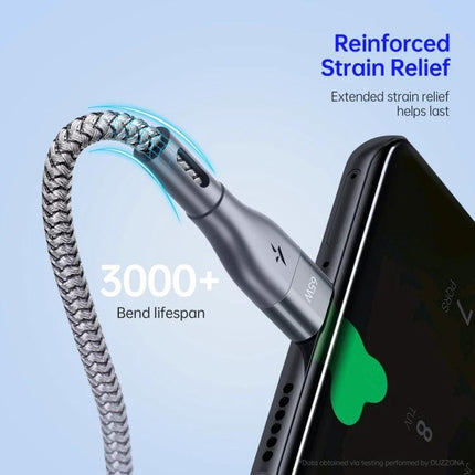 Duzzone USB-C Cable for Home and Travel Charging with reinforced strain relief and braided 3000+ bend lifespan plugged into smartphone