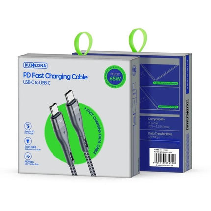 Duzzone USB-C Cable for Home and Travel Charging - braided PD 65W fast charging cable for smartphones, tablets, laptops