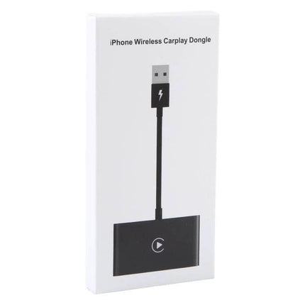 CarPlay Wireless Adapter for iPhone In-Car USB-C Black — compact USB-C dongle box shown, wireless CarPlay upgrade for wired systems