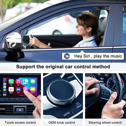 CarPlay Wireless Adapter for iPhone In-Car USB-C Black plugged into car USB-C enabling wireless CarPlay, Siri, maps and music with touchscreen and steering controls