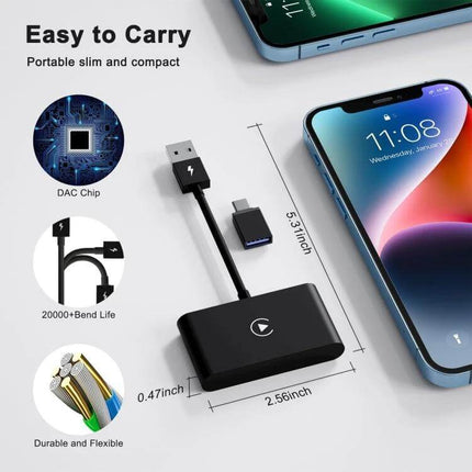 CarPlay Wireless Adapter for iPhone In-Car USB-C Black slim portable adapter showing dimensions next to iPhone, USB-C plug and dongle