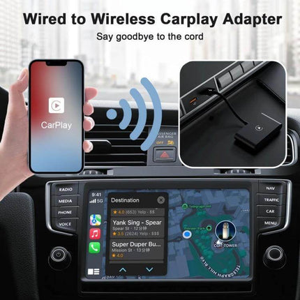 CarPlay Wireless Adapter for iPhone In-Car USB-C Black plugged into car USB-C port showing phone and in-dash wireless CarPlay display