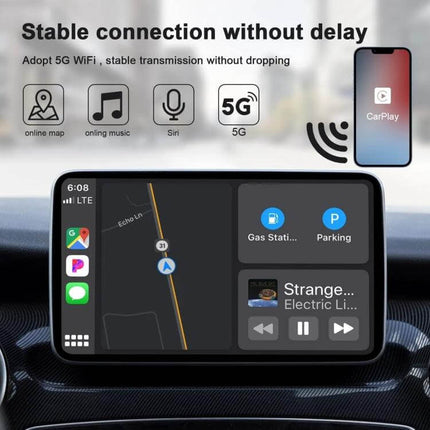 CarPlay Wireless Adapter for iPhone In-Car USB-C Black showing wireless CarPlay maps and music on car display