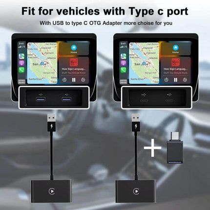 CarPlay Wireless Adapter for iPhone In-Car USB-C Black showing wireless CarPlay dongle plugged into USB-C port with iPhone maps on dashboard