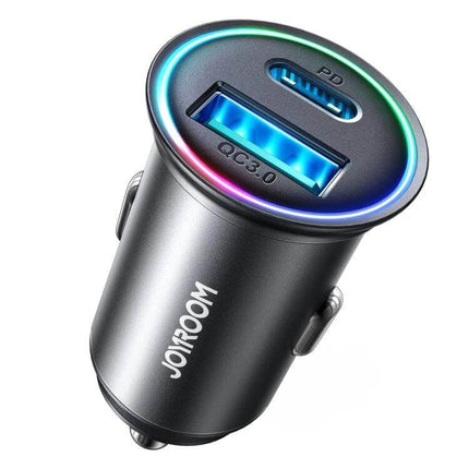 Joyroom Mini Metal Car Charger With Dual USB Ports – compact metal car charger with PD and QC3.0 ports, LED ring, dual fast-charge up to 30W per port