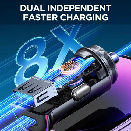 Joyroom Mini Metal Car Charger With Dual USB Ports compact thumb-sized metal car charger with dual USB ports showing internal components and fast charging