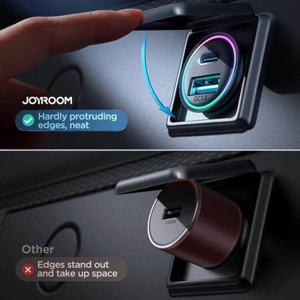 Joyroom Mini Metal Car Charger With Dual USB Ports installed flush in car socket, dual QC3.0 and USB‑C ports charging phone and tablet