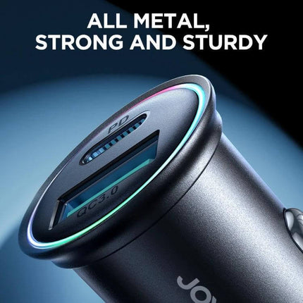 Joyroom Mini Metal Car Charger With Dual USB Ports compact all-metal thumb-sized charger with PD and QC3.0 ports and LED ring