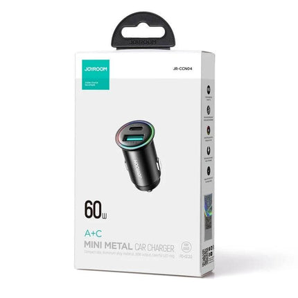 Joyroom Mini Metal Car Charger With Dual USB Ports compact thumb-sized 60W A+C metal car charger in retail box